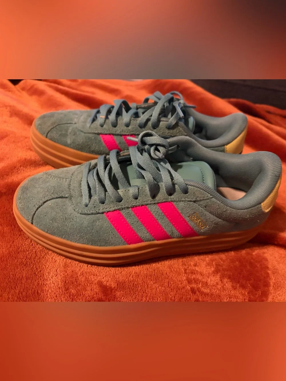 adidas Kids Court Platform Suede Sneakers in Teal with Pink Stripes and Gum Sole